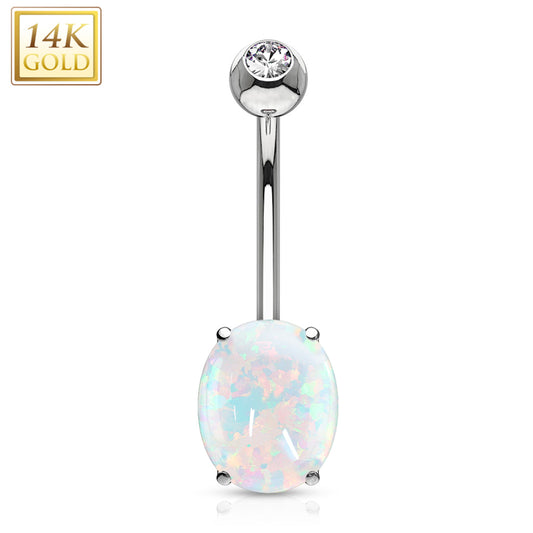 14k Solid White Gold 8mm Oval Synthetic Opal Belly Ring