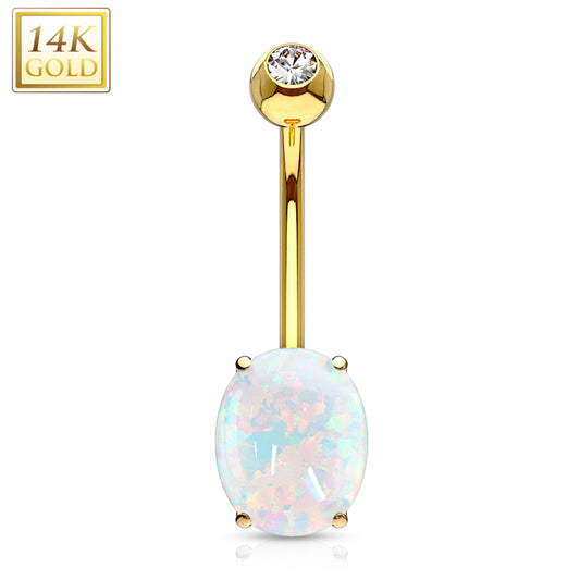 14k Solid Yellow Gold 8mm Oval Synthetic Opal Belly Ring