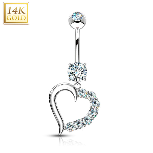 14k Solid White Gold CZ Posh Hollow Heart Dangle Belly Ring