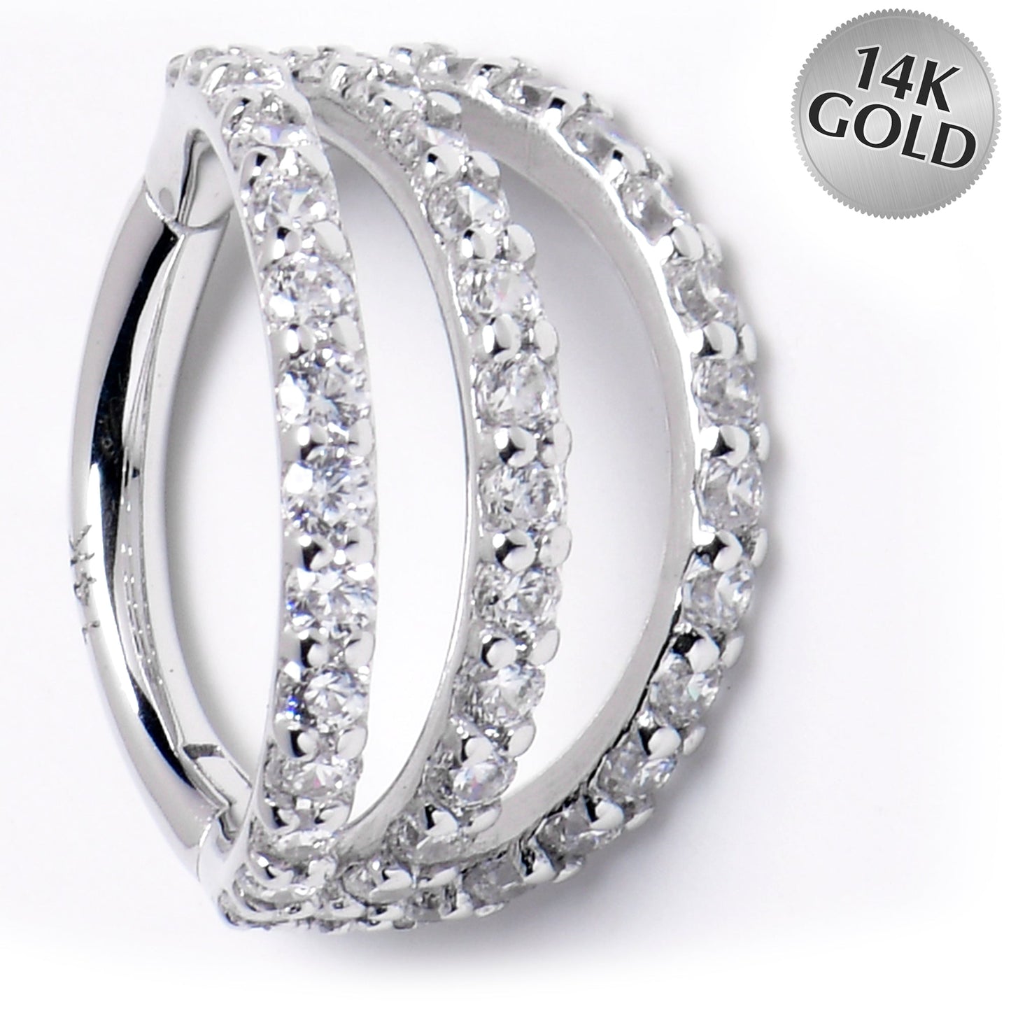 16G 5/16 Solid 14K White Gold Clear CZ Gem Row Hinged Segment Ring