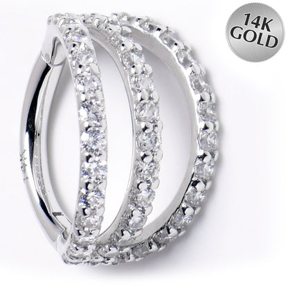 16G 5/16 Solid 14K White Gold Clear CZ Gem Row Hinged Segment Ring