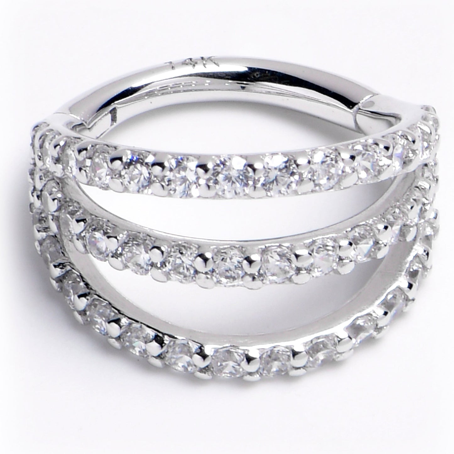 16G 5/16 Solid 14K White Gold Clear CZ Gem Row Hinged Segment Ring