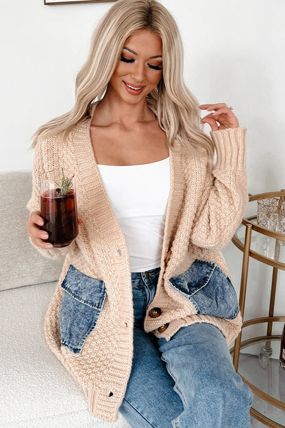 Smoke Gray Open Front Knitted Denim Pocket Patchwork Cardigan - Jaico Online Shop