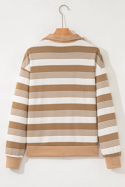 Khaki Stripe Zip Collar Patchwork Vintage Fashion Sweatshirt - Jaico Online Shop