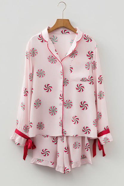 Pink Christmas Candy Contrast Trim Bow Knot Silky 2pcs Pajama Set - Jaico Online Shop