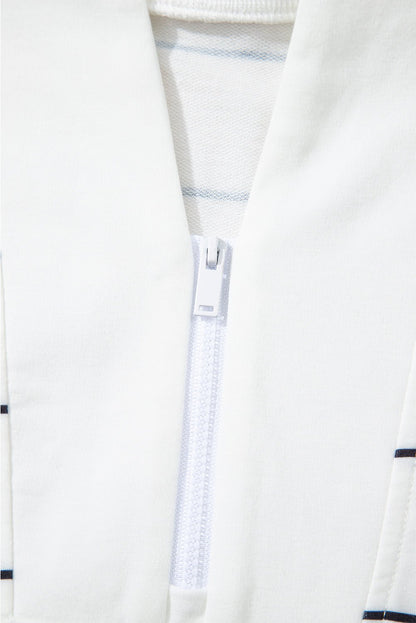 White Zip V Neck Casual Stripe Print Drop Shoulder Long Sleeve Top - Jaico Online Shop