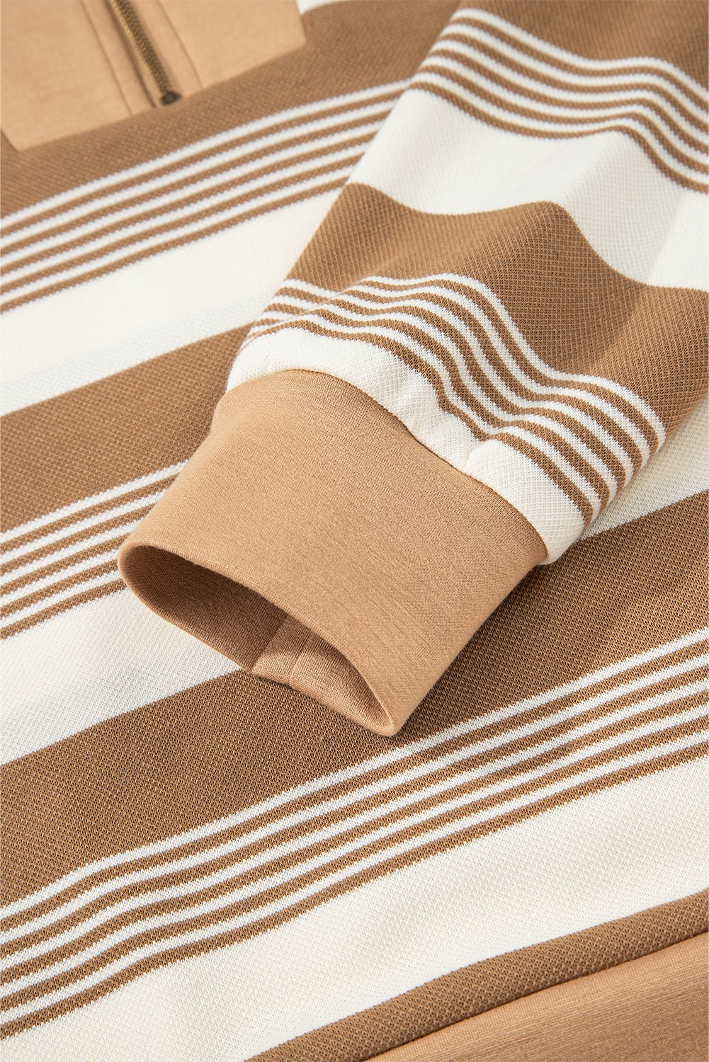 Khaki Stripe Zip Collar Patchwork Vintage Fashion Sweatshirt - Jaico Online Shop