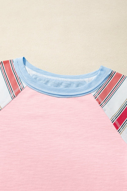 Pink Color Block Round Neck Exposed Seam Patchwork Striped Long Sleeve Top - Jaico Online Shop