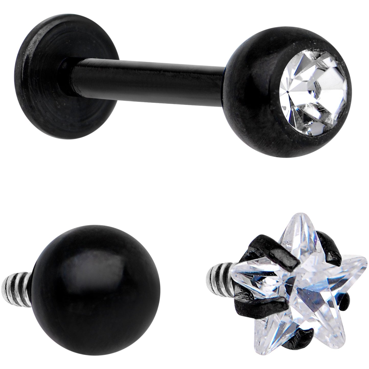 Clear CZ Gem Black PVD Internally Threaded Labret Set of 3 Ends