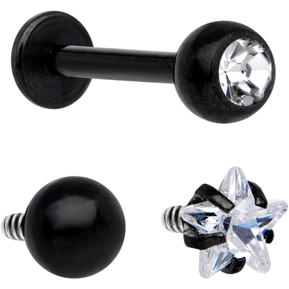 Clear CZ Gem Black PVD Internally Threaded Labret Set of 3 Ends