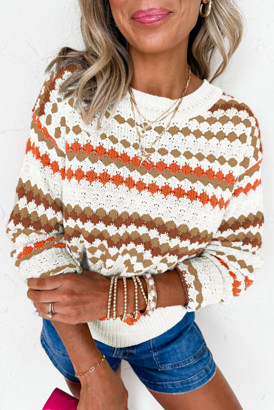 Brown Stripe Eyelet Patterned Drop Shoulder Sweater - Jaico Online Shop