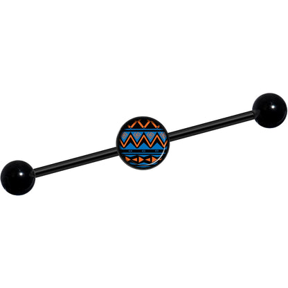 14G Blue Orange Tribal Print Black Industrial Barbell 37mm