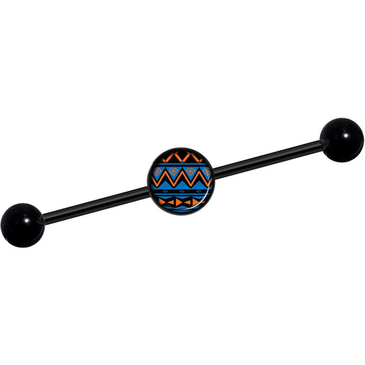 14G Blue Orange Tribal Print Black Industrial Barbell 37mm