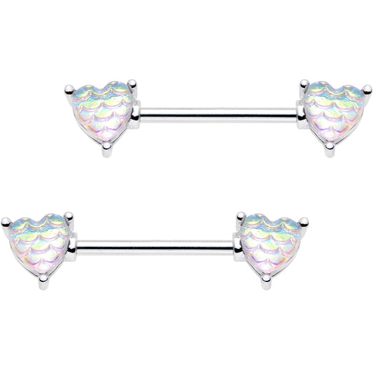 5/8 Iridescent White Mermaid Scale Heart Barbell Nipple Ring Set