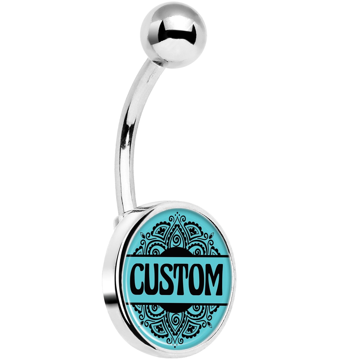 Custom Teal Mandala Personalized Name Belly Ring