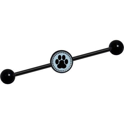 14G Black on Blue Paw Print Black Industrial Barbell 37mm