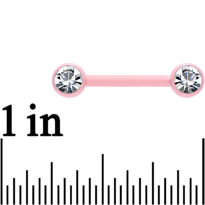 14G 1/2 Clear Gem Pink Ceramic Steel Barbell Nipple Ring Set