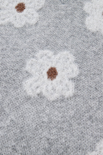 Gray Cute Flower Print V Neck Drop Shoulder Baggy Sweater - Jaico Online Shop