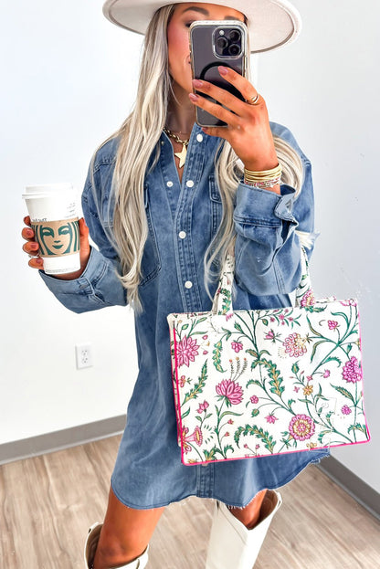 Blue Beau Chest Pocket Raw Hem Denim Loose Shirt Dress - Jaico Online Shop