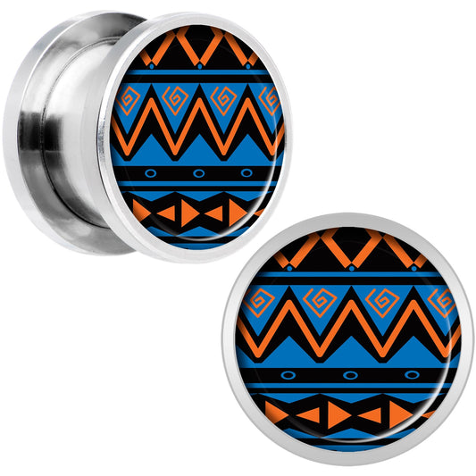 Blue Orange Tribal Print Steel Screw Fit Plug Set 1/2