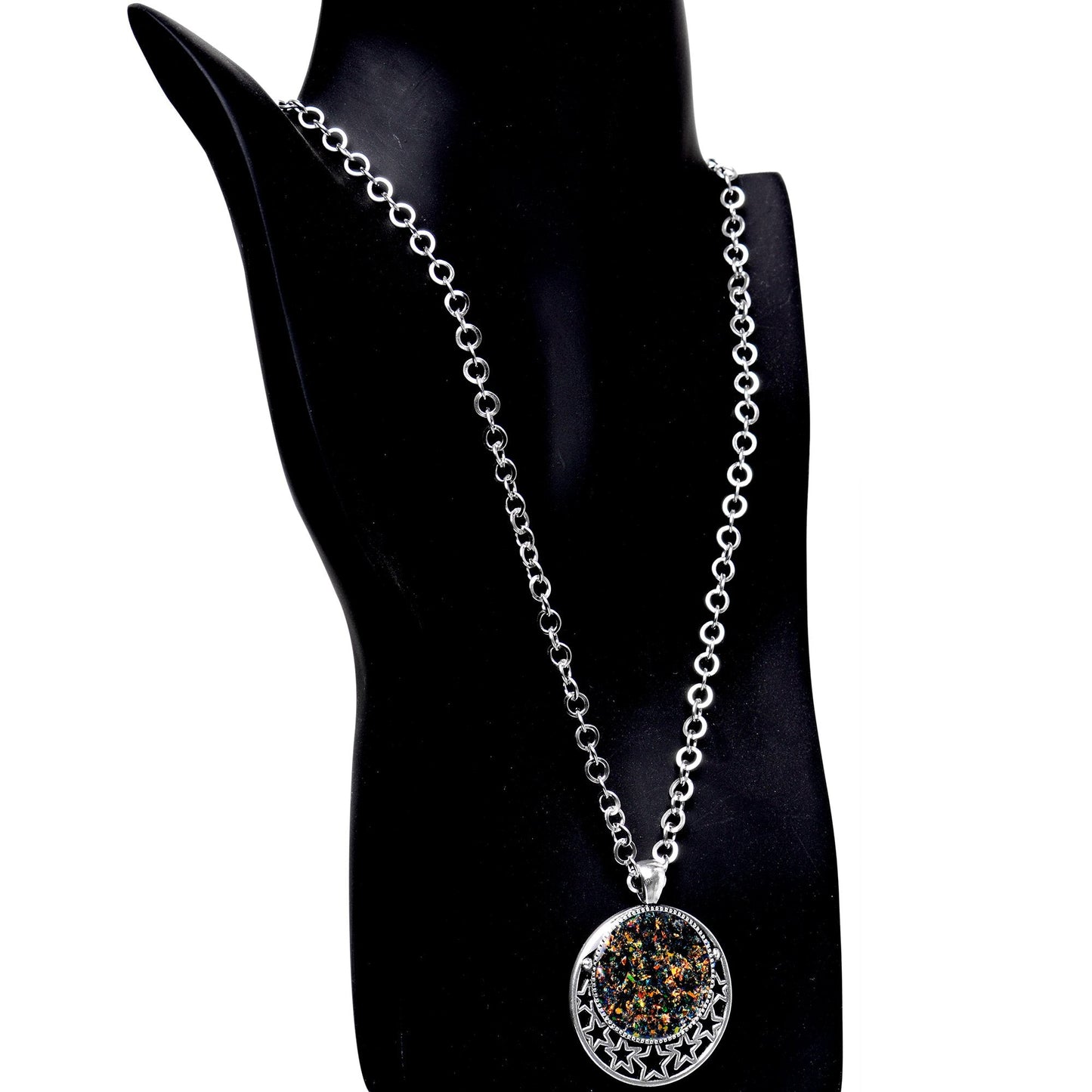 Handmade Black Faux Opal Starry Universe Silver Plated Chain Necklace