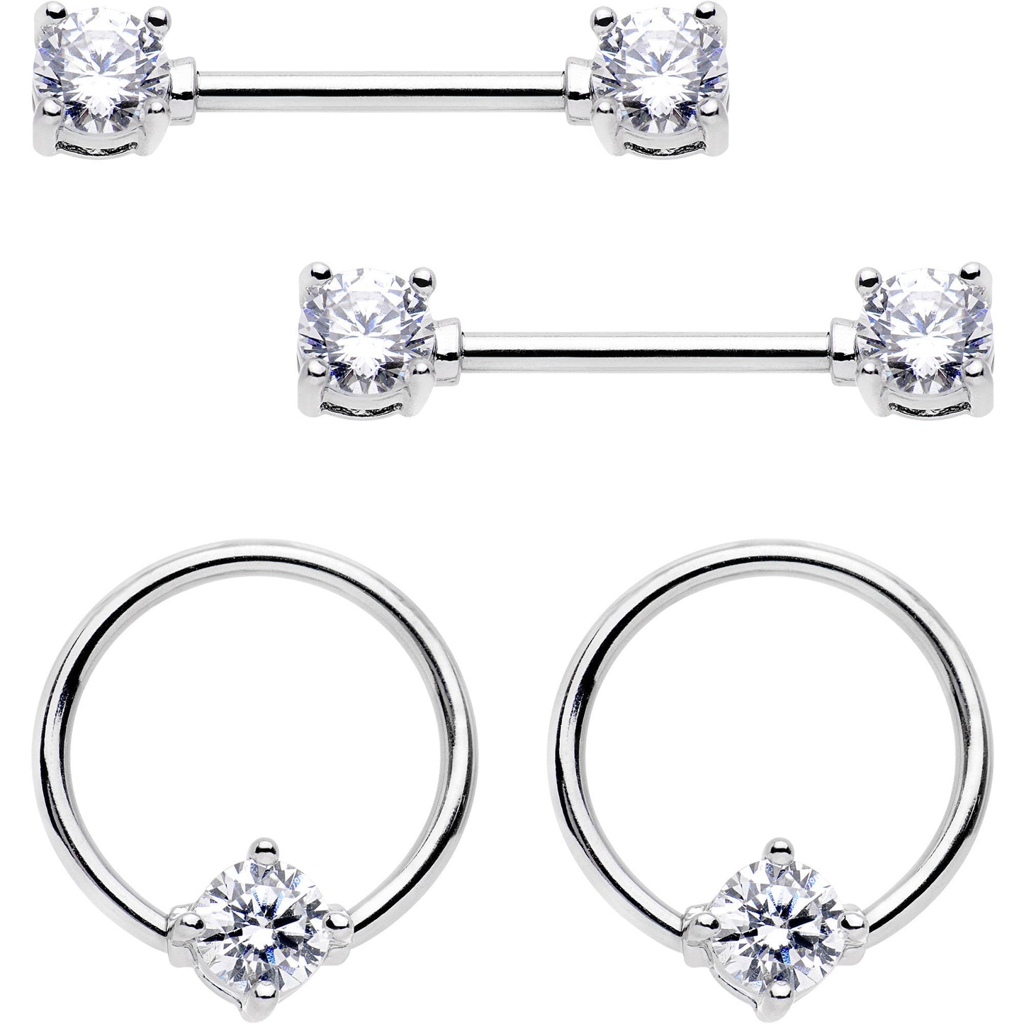 14G 9/16 Clear Gem BCR Captive Ring Barbell Nipple Ring Set