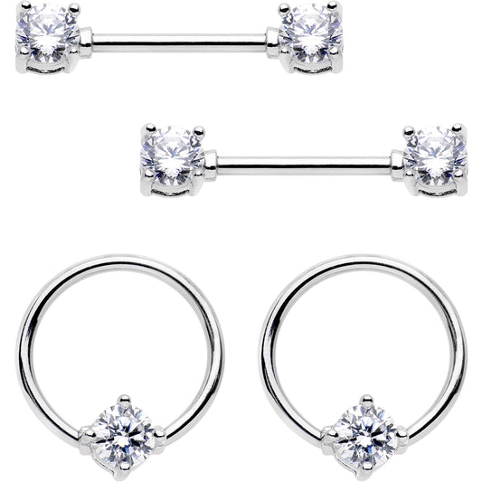 14G 9/16 Clear Gem BCR Captive Ring Barbell Nipple Ring Set