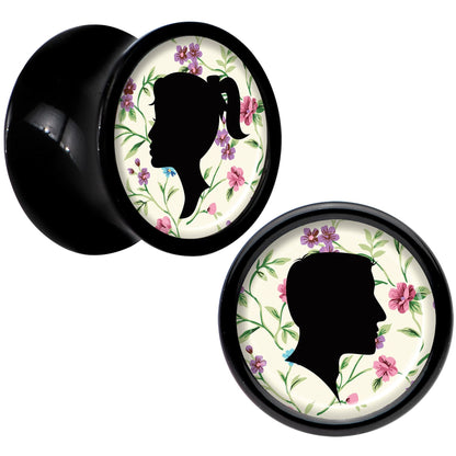 Black Acrylic Man Woman Floral Silhouette Saddle Plug Set 0G
