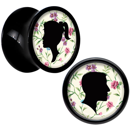 Black Acrylic Man Woman Floral Silhouette Saddle Plug Set 0G