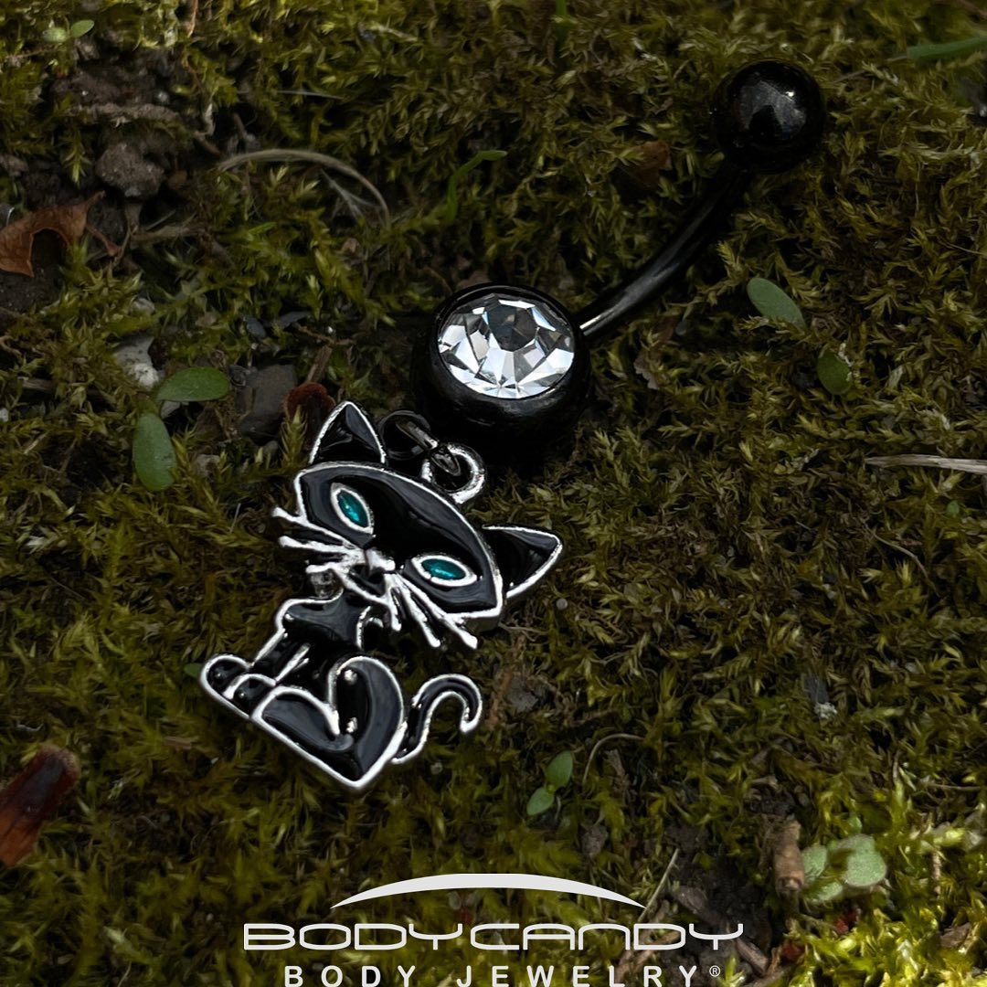 Clear Gem Black Blue Eyed Black Cat Dangle Belly Ring