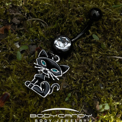 Clear Gem Black Blue Eyed Black Cat Dangle Belly Ring