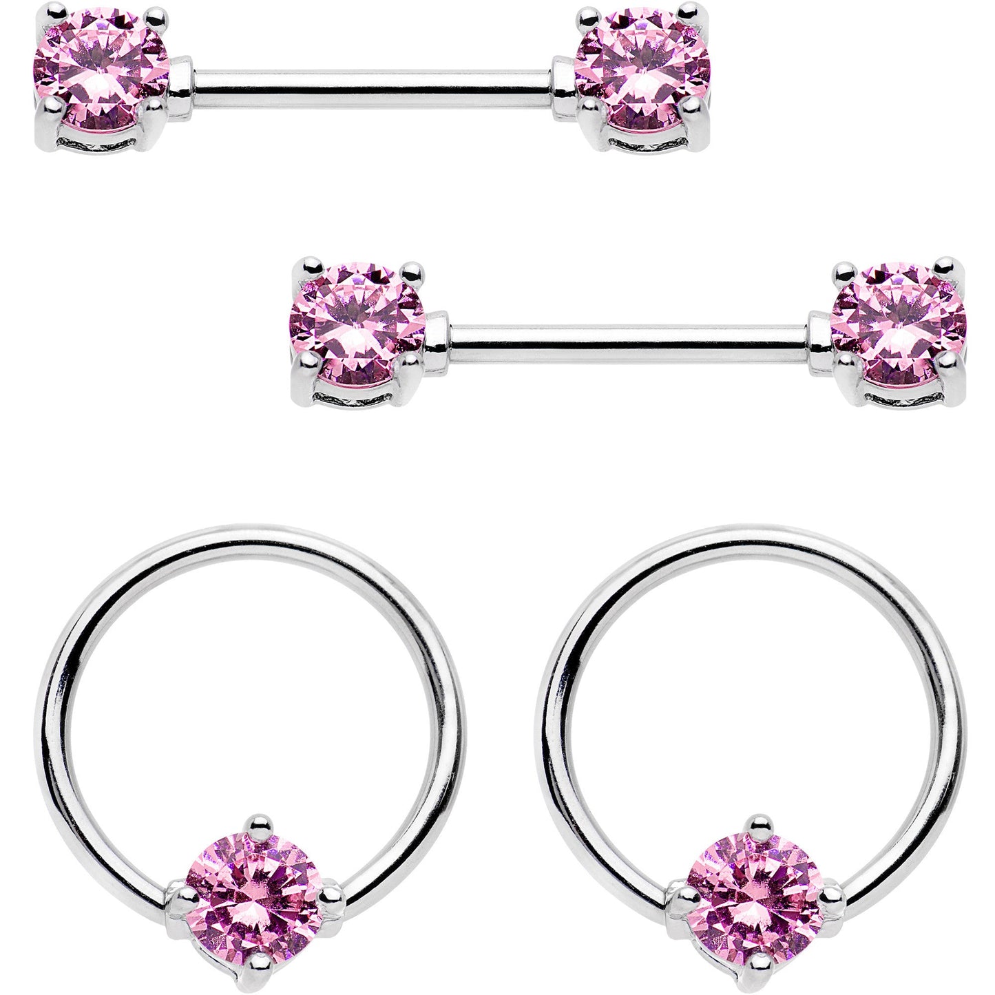 14G 9/16 Pink Gem BCR Captive Ring Barbell Nipple Ring Set