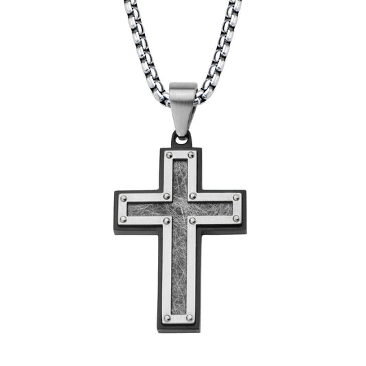 Mens Textured Black IP Cross Pendant With Box Chain
