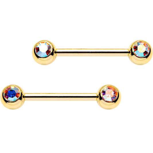 14G 9/16 Aurora Gem Gold PVD Barbell Nipple Ring Set