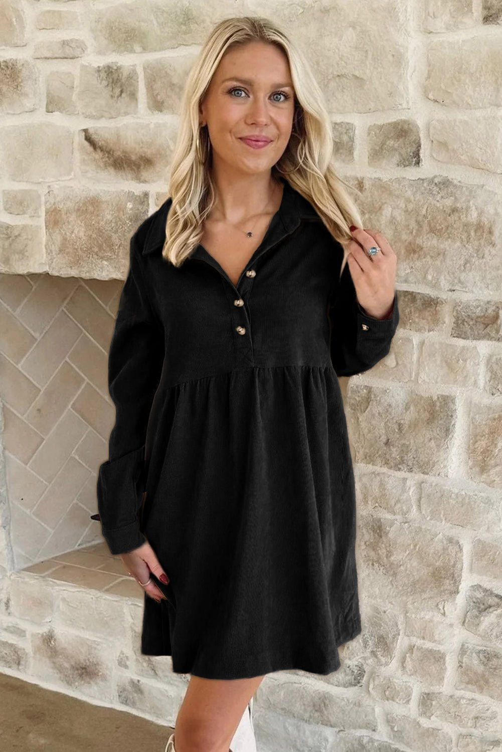 Black Corduroy Half Button Collared Long Sleeve Mini Dress - Jaico Online Shop