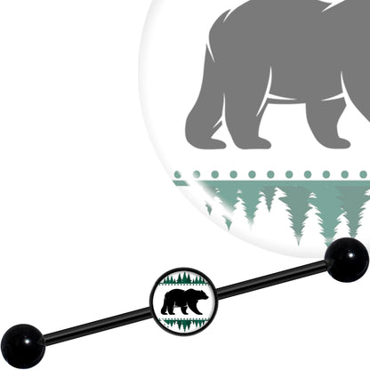 14G Winter Polar Bear in Woods Black Industrial Barbell 37mm