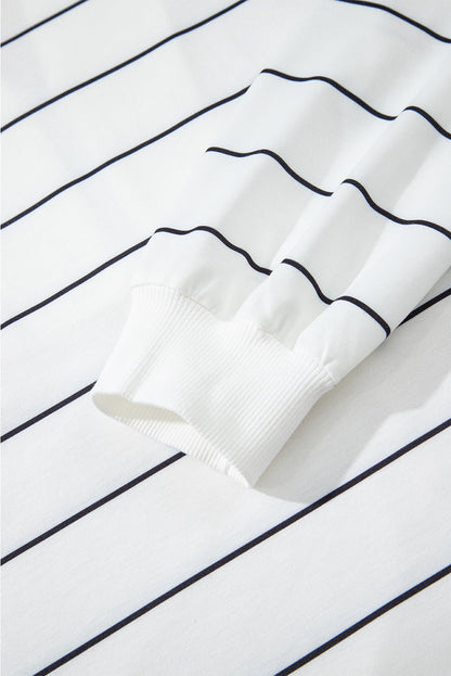 White Zip V Neck Casual Stripe Print Drop Shoulder Long Sleeve Top - Jaico Online Shop