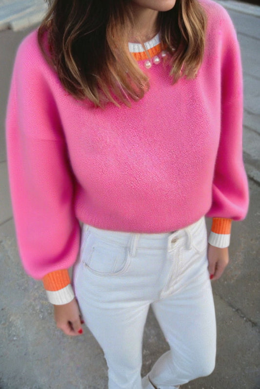 Sachet Pink Contrast Crew Neck Pearled Decor Drop Shoulder Knit Sweater - Jaico Online Shop