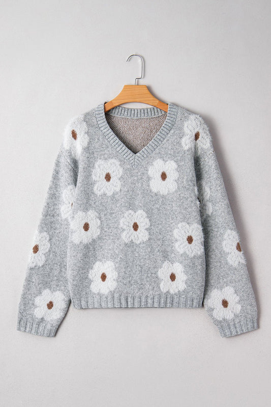 Gray Cute Flower Print V Neck Drop Shoulder Baggy Sweater - Jaico Online Shop
