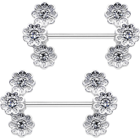19mm Clear Gem Trio Poppy Flower Barbell Nipple Ring Set