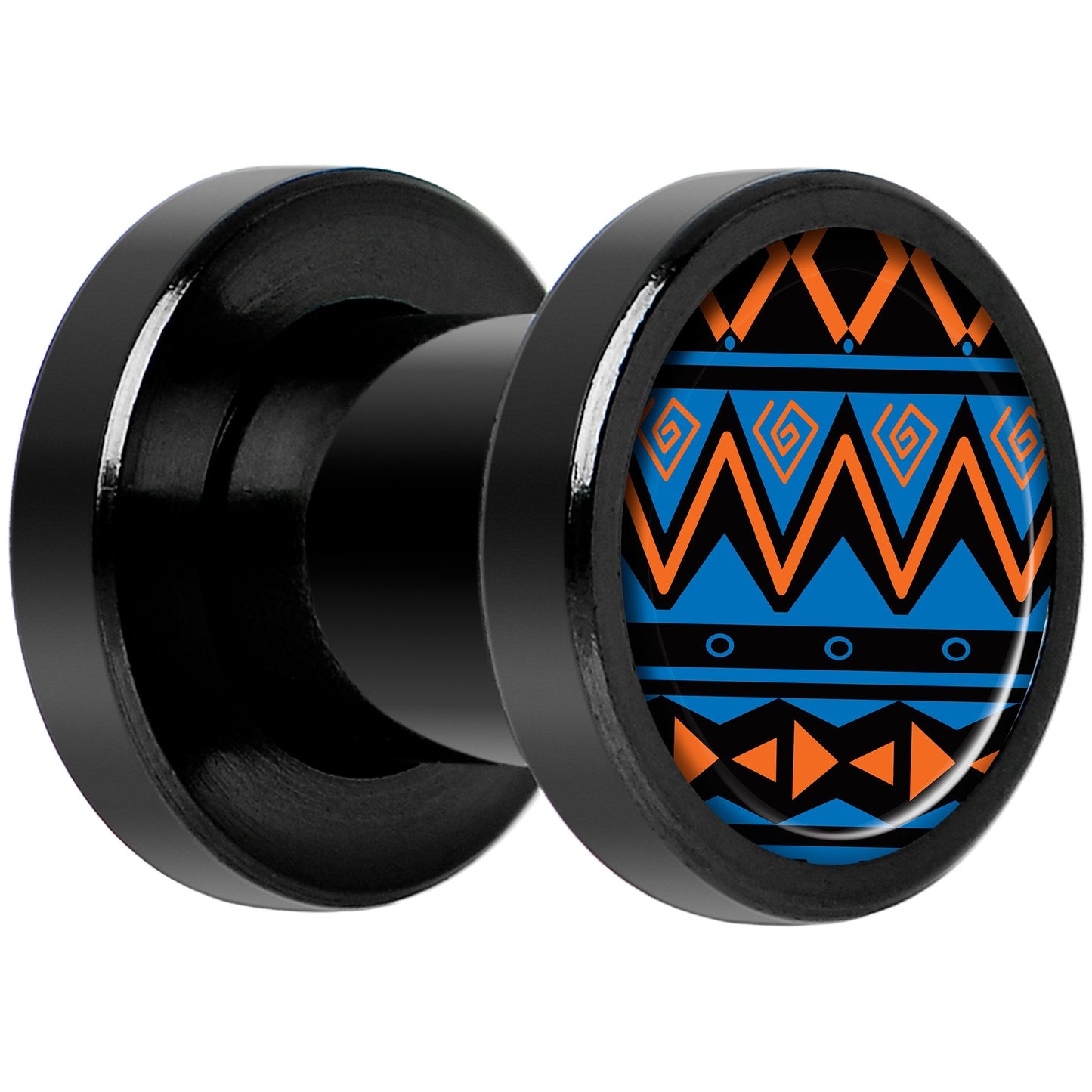 Blue Orange Tribal Print Black Anodized Screw Fit Plug Set 2G