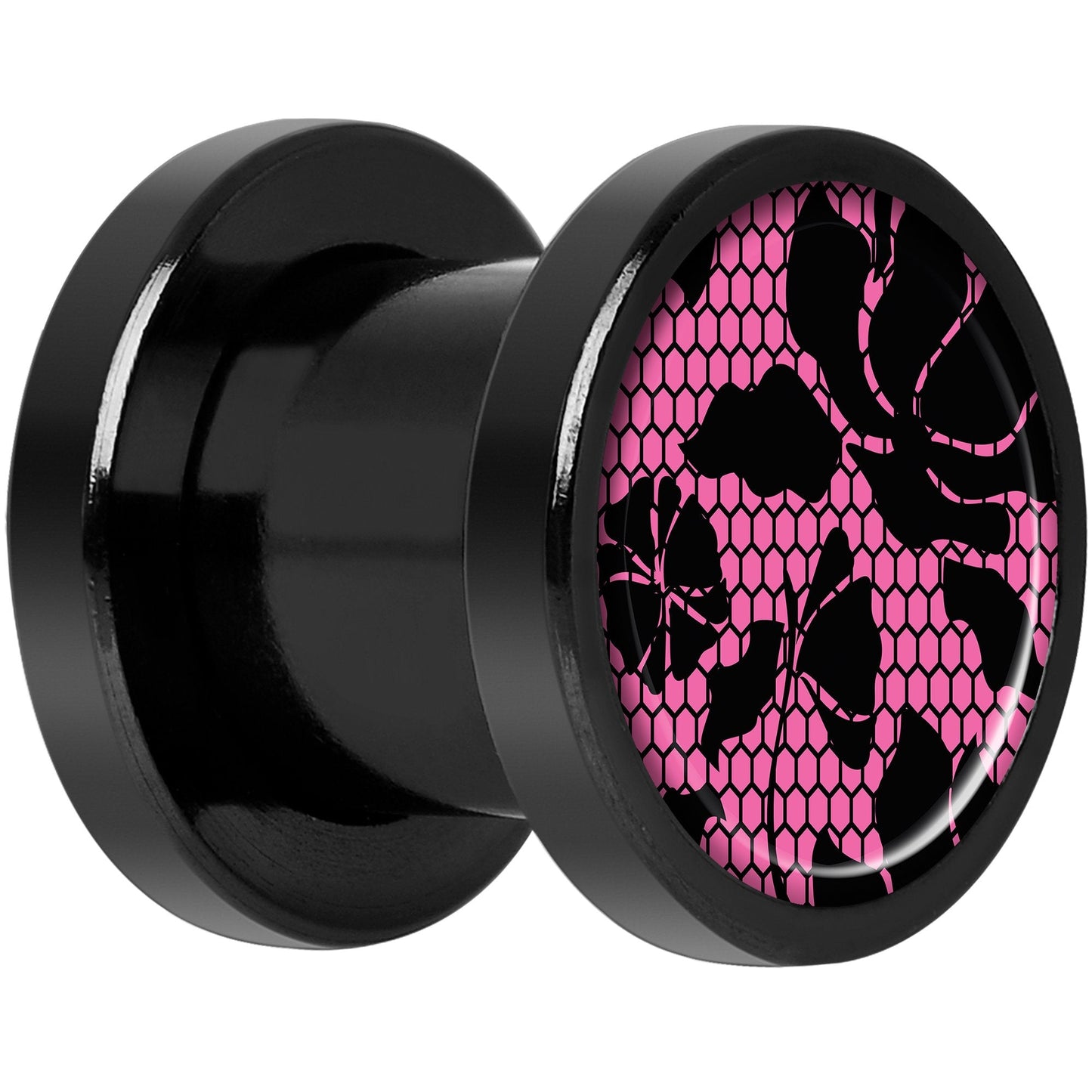 Pink Floral Lace Black Anodized Screw Fit Plug Set 0G