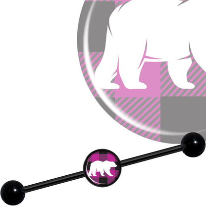 14G Pink Black Plaid Polar Bear Black Industrial Barbell 37mm