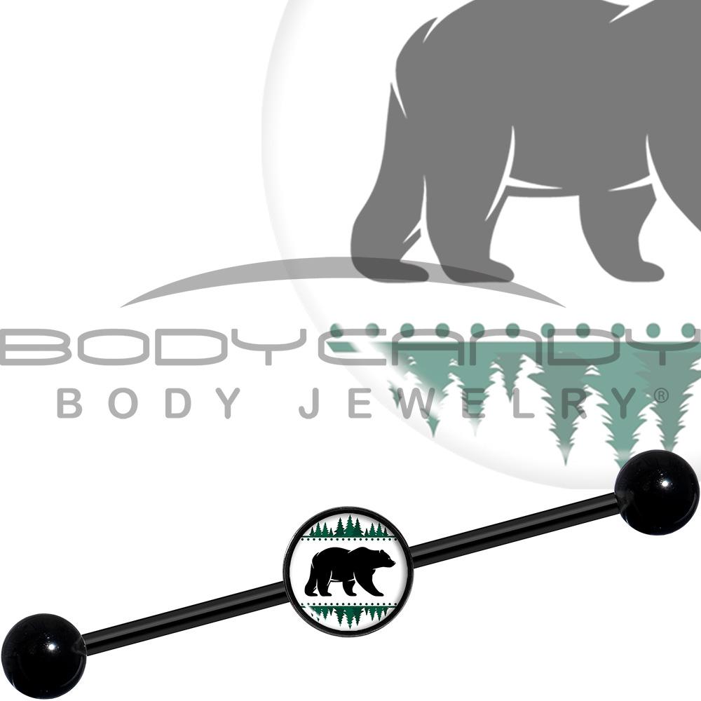 14G Winter Polar Bear in Woods Black Industrial Barbell 37mm