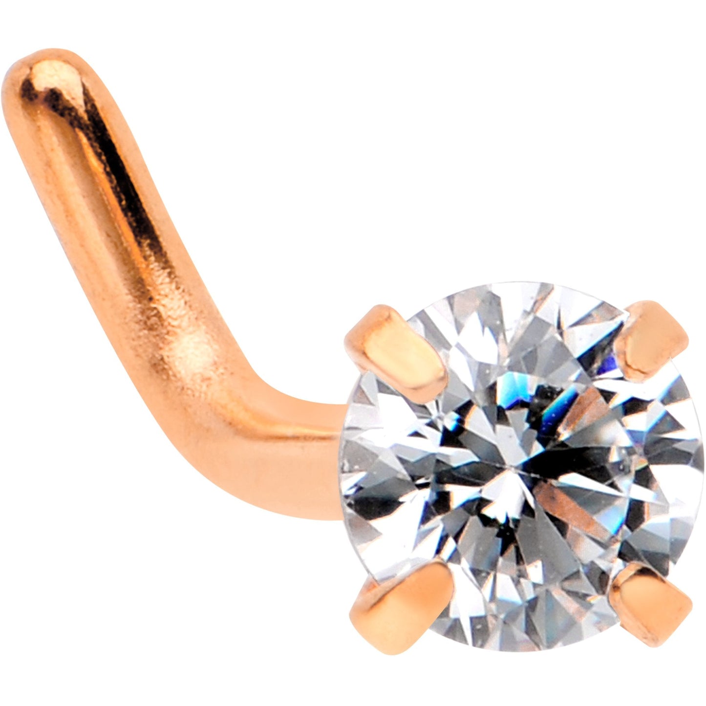 18G 1/4 Clear 3mm CZ Gem Rose Gold IP L-Shape Nose Ring