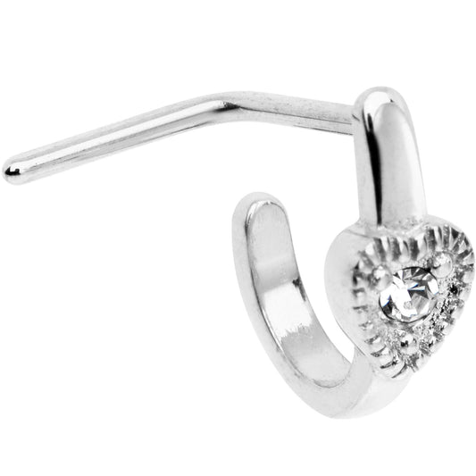 20G Clear Gem Steel Heart Faux Hoop L Shaped Nose Ring