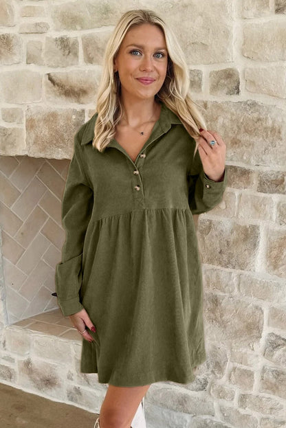 Vineyard Green Corduroy Half Button Collared Long Sleeve Mini Dress - Jaico Online Shop
