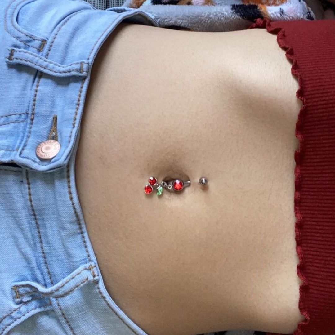 Ruby Red DANGLING CHERRY Belly Ring