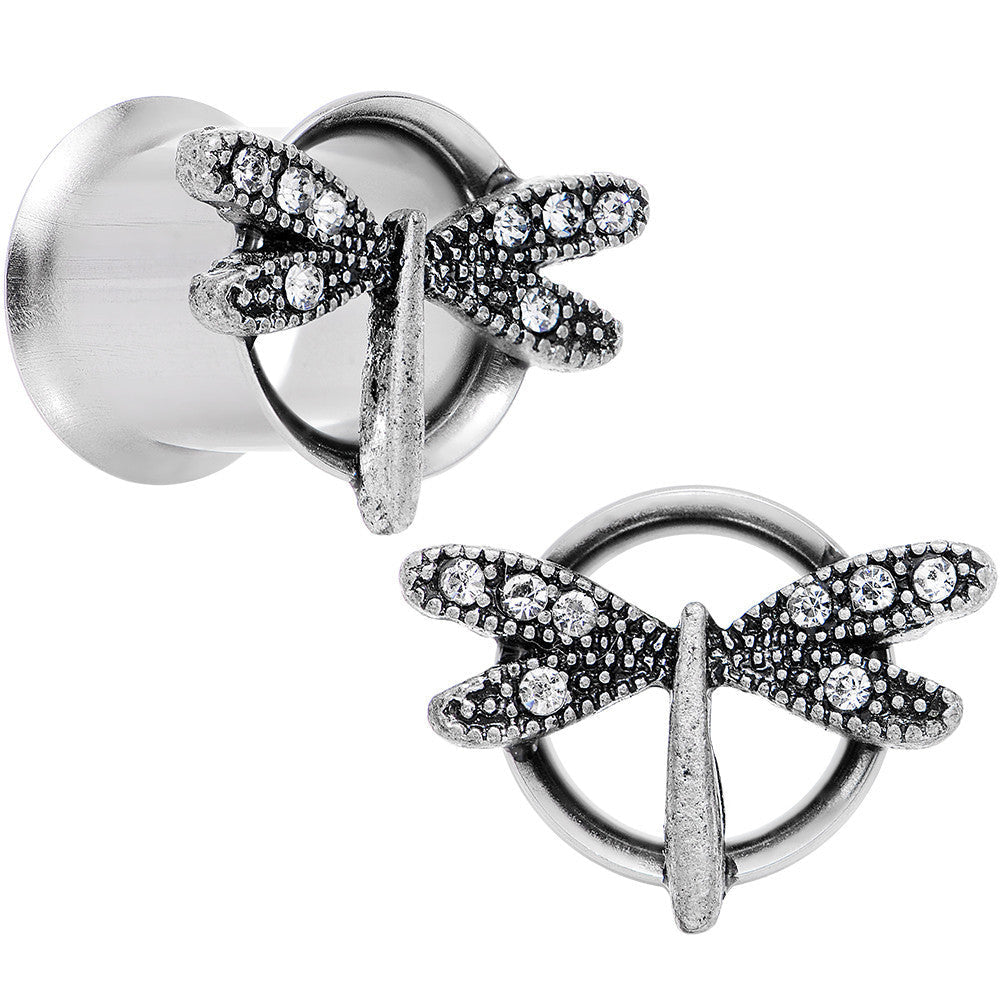 00G Clear Gem Steel Hi Sky Dragonfly Double Flare Tunnel Plug Set
