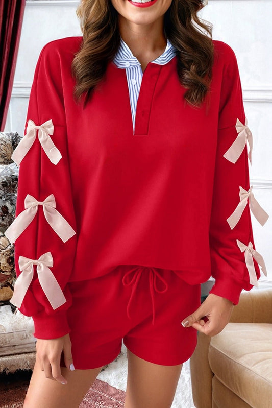 Racing Red Striped Collar Patchwork Satin Bow Sweatshirt and Shorts Set - Jaico Online Shop